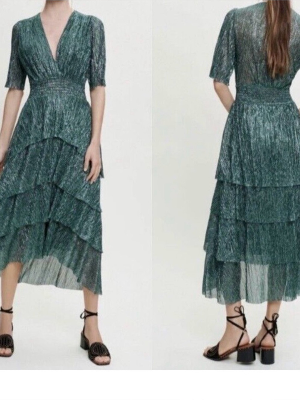Maje Ruffine Stretch Lurex Metallic Green Ruffle Midi Dress Size 42 - Picture 1 of 14